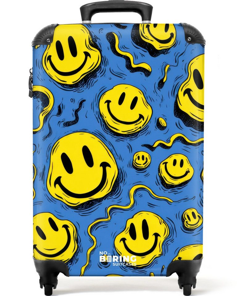 NoBoringSuitcases.com© Kinderkoffer Gelbe verschnörkelte Smiley-Gesichter auf blauem Hintergrund 55x35x20c, 4 Rollen, Kinder Koffer Klein, Trolley Handgepäck, Reisekoffer von NoBoringSuitcases.com©