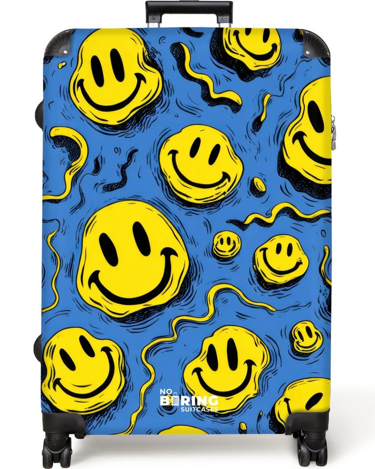 NoBoringSuitcases.com© Kinderkoffer Gelbe verschnörkelte Smiley-Gesichter auf blauem Hintergrund 77 cm - 9, 8 Rollen, Großer Reisetasche mit Rollen für 30kg, Kinderkoffer von NoBoringSuitcases.com©