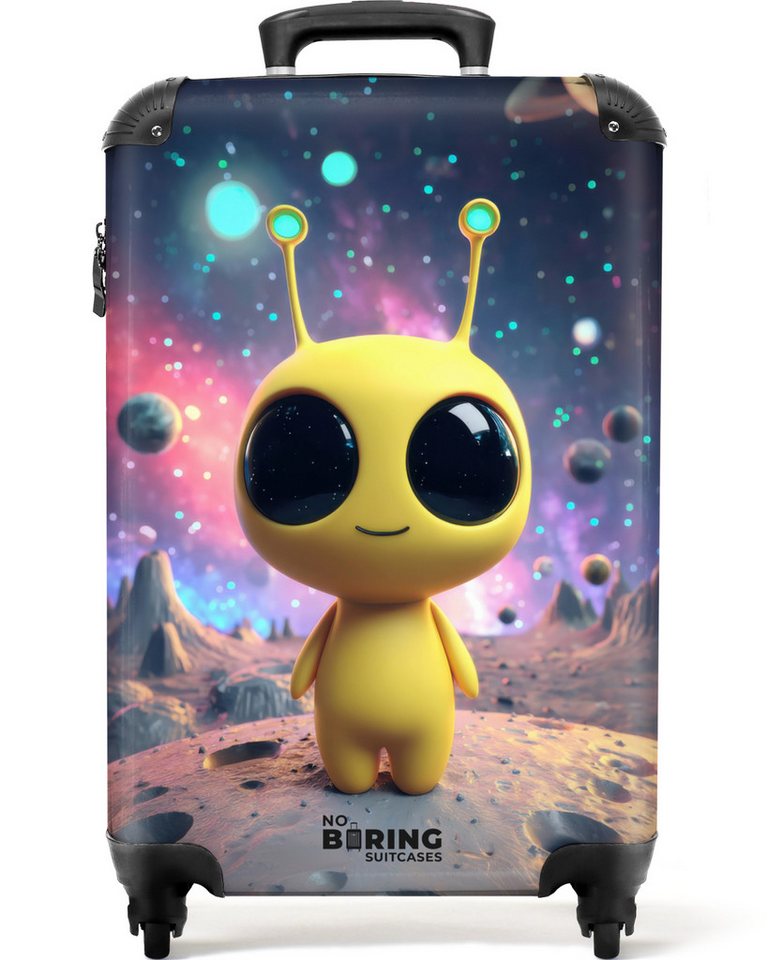 NoBoringSuitcases.com© Kinderkoffer Gelber Außerirdischer auf einem Planeten 55x35x20cm, 4 Rollen, Kinder Koffer Klein, Trolley Handgepäck, Reisekoffer von NoBoringSuitcases.com©