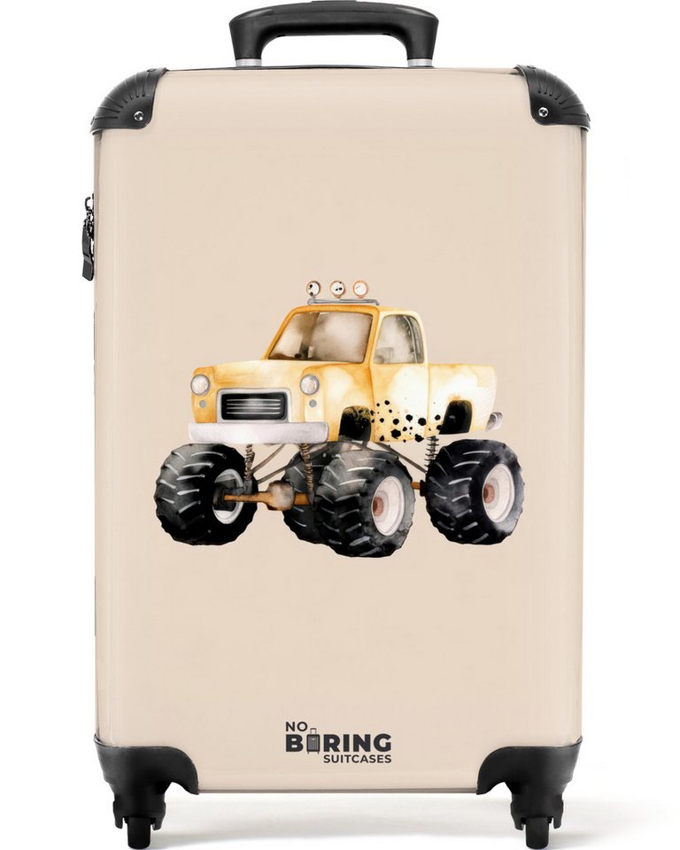 NoBoringSuitcases.com© Kinderkoffer Gelber Monstertruck auf einem beigen Hintergrund 55x35x20cm, 4 Rollen, Handgepäck Koffer, Hartschalenkoffer Kinder, Reisekoffer Jungen von NoBoringSuitcases.com©