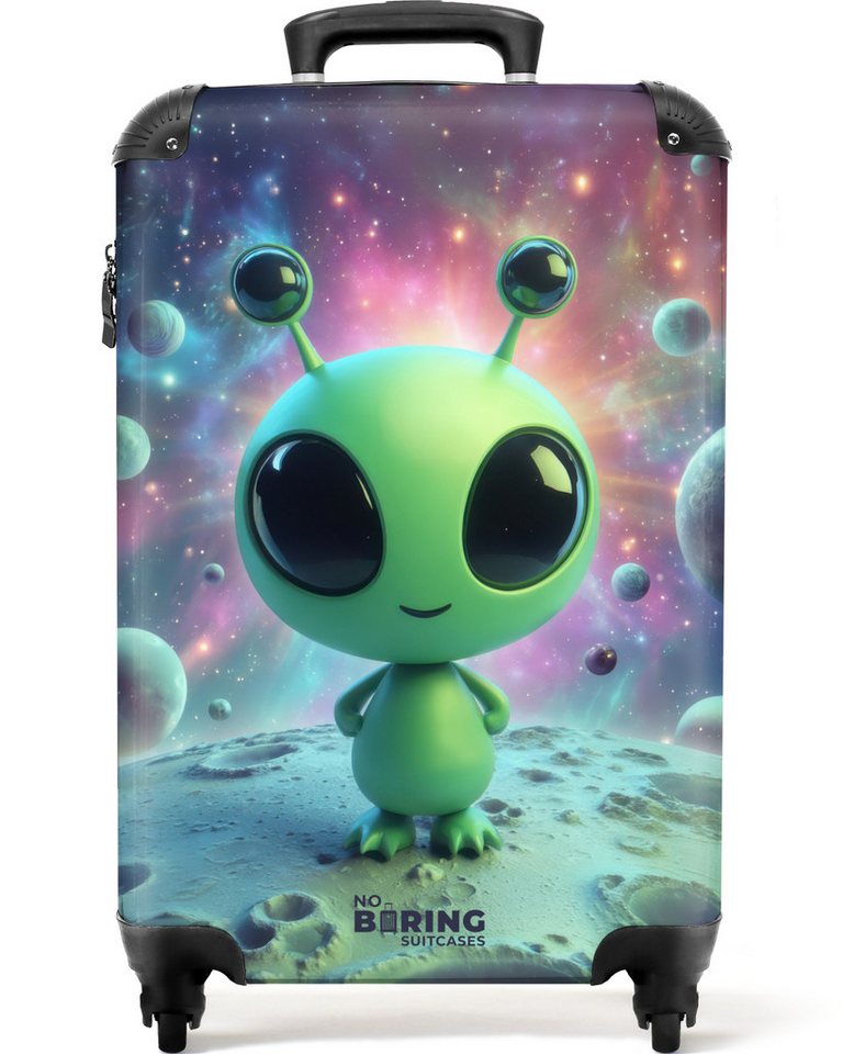 NoBoringSuitcases.com© Kinderkoffer Grüner Außerirdischer auf einem Planeten 55x35x20cm, 4 Rollen, Kinder Koffer Klein, Trolley Handgepäck, Reisekoffer von NoBoringSuitcases.com©