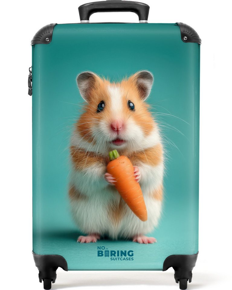 NoBoringSuitcases.com© Kinderkoffer Hamster mit einer Karotte auf blauem Hintergrund 55x35x20cm, 4 Rollen, Kinder Koffer Klein, Trolley Handgepäck, Reisekoffer von NoBoringSuitcases.com©