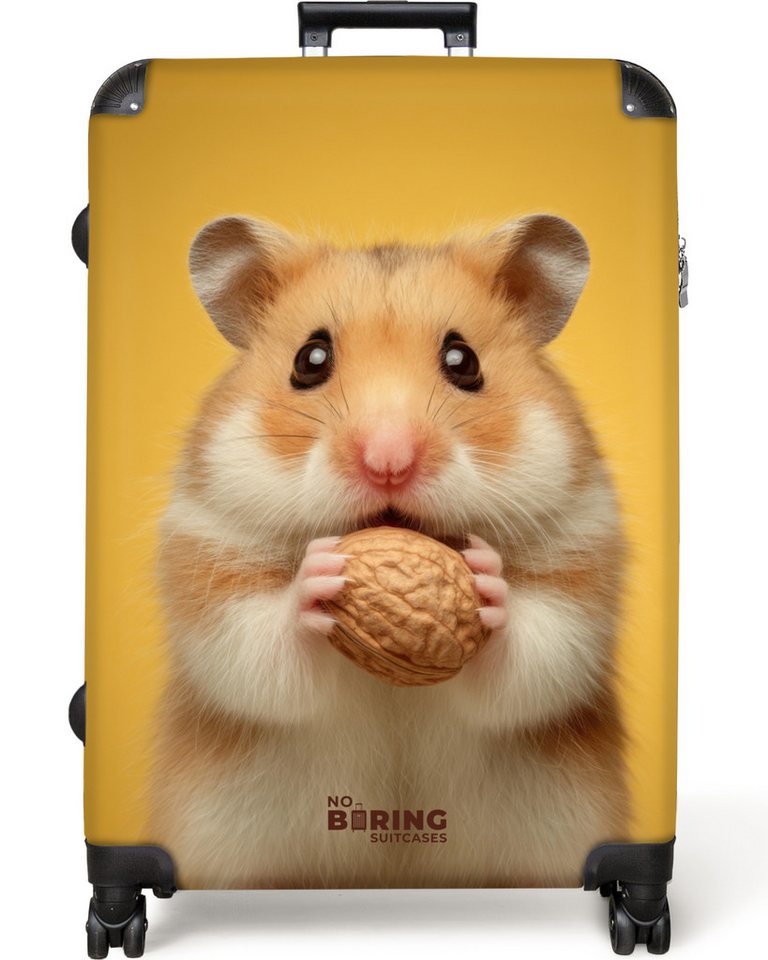 NoBoringSuitcases.com© Kinderkoffer Hamster mit einer Nuss auf gelbem Hintergrund 77 cm - 98 L, 8 Rollen, Großer Reisetasche mit Rollen für 30kg, Kinderkoffer von NoBoringSuitcases.com©