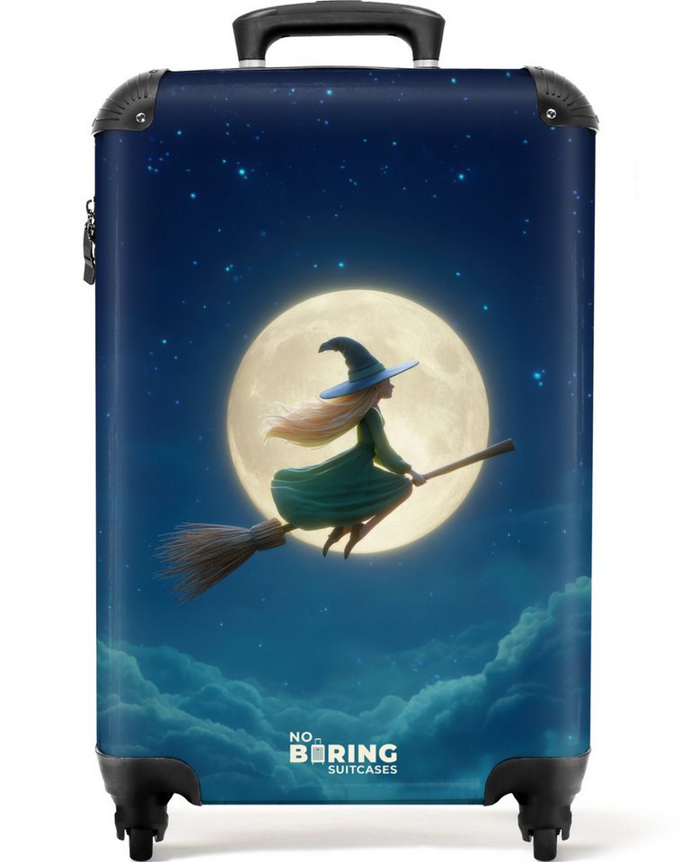 NoBoringSuitcases.com© Kinderkoffer Hexe auf einem Besen in der Nacht 55x35x20cm, 4 Rollen, Kinder Koffer Klein, Trolley Handgepäck, Reisekoffer von NoBoringSuitcases.com©