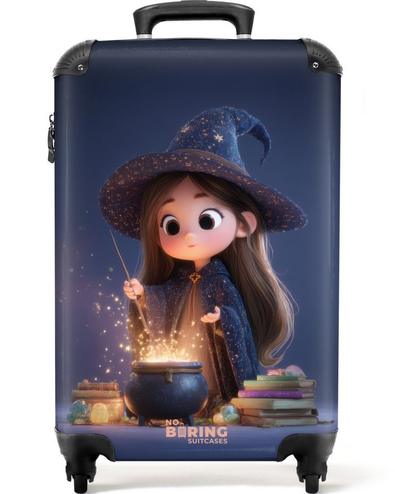 NoBoringSuitcases.com© Kinderkoffer Hexe im dunkelblauen Mantel 55x35x20cm, 4 Rollen, Kinder Koffer Klein, Trolley Handgepäck, Reisekoffer von NoBoringSuitcases.com©