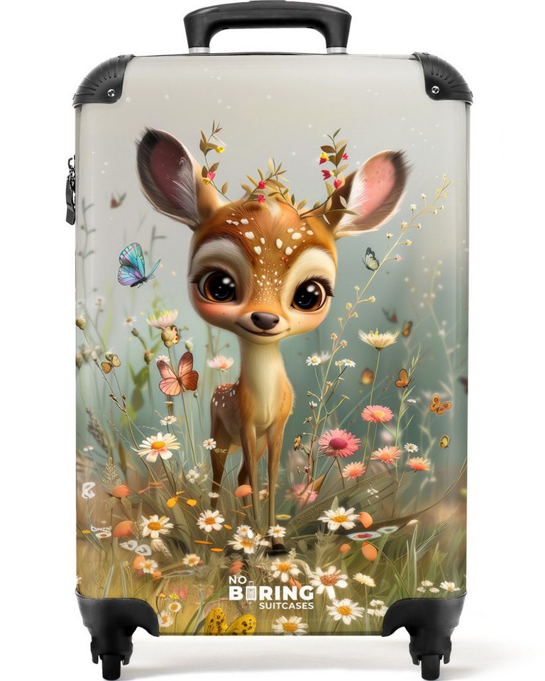 NoBoringSuitcases.com© Kinderkoffer Junge Rehe in bunter Blumenwiese 55x35x20cm, 4 Rollen, Kinder Koffer Klein, Trolley Handgepäck, Reisekoffer von NoBoringSuitcases.com©