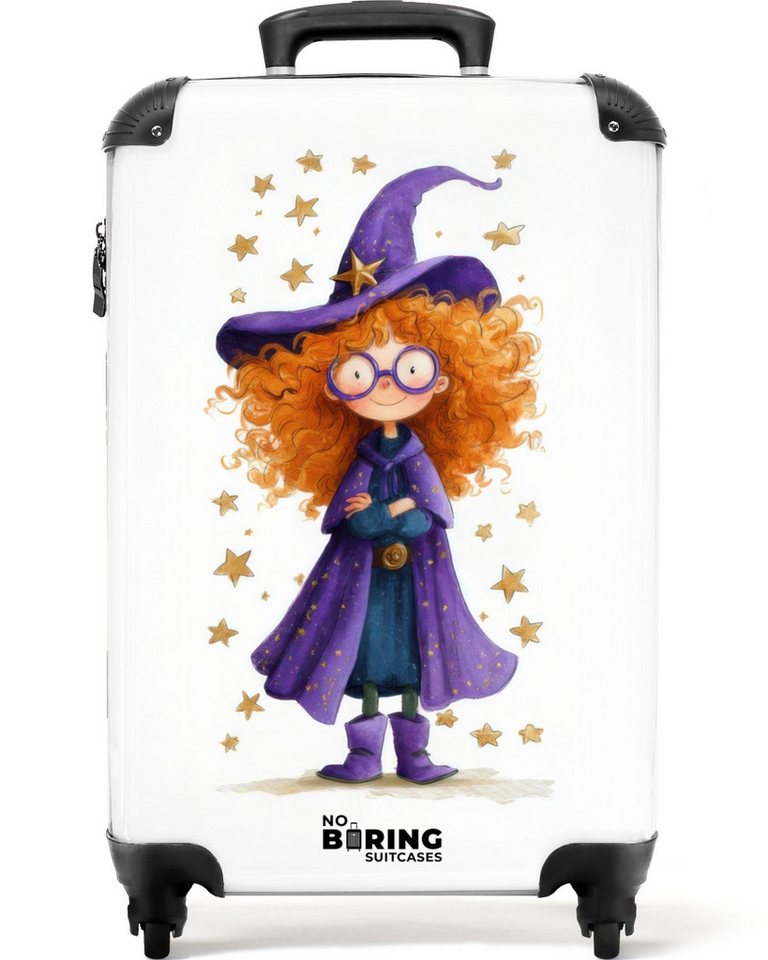NoBoringSuitcases.com© Kinderkoffer Magische Hexe mit orangefarbenen Locken und lila Umhang 55x35x20cm, 4 Rollen, Kinder Koffer Klein, Trolley Handgepäck, Reisekoffer von NoBoringSuitcases.com©