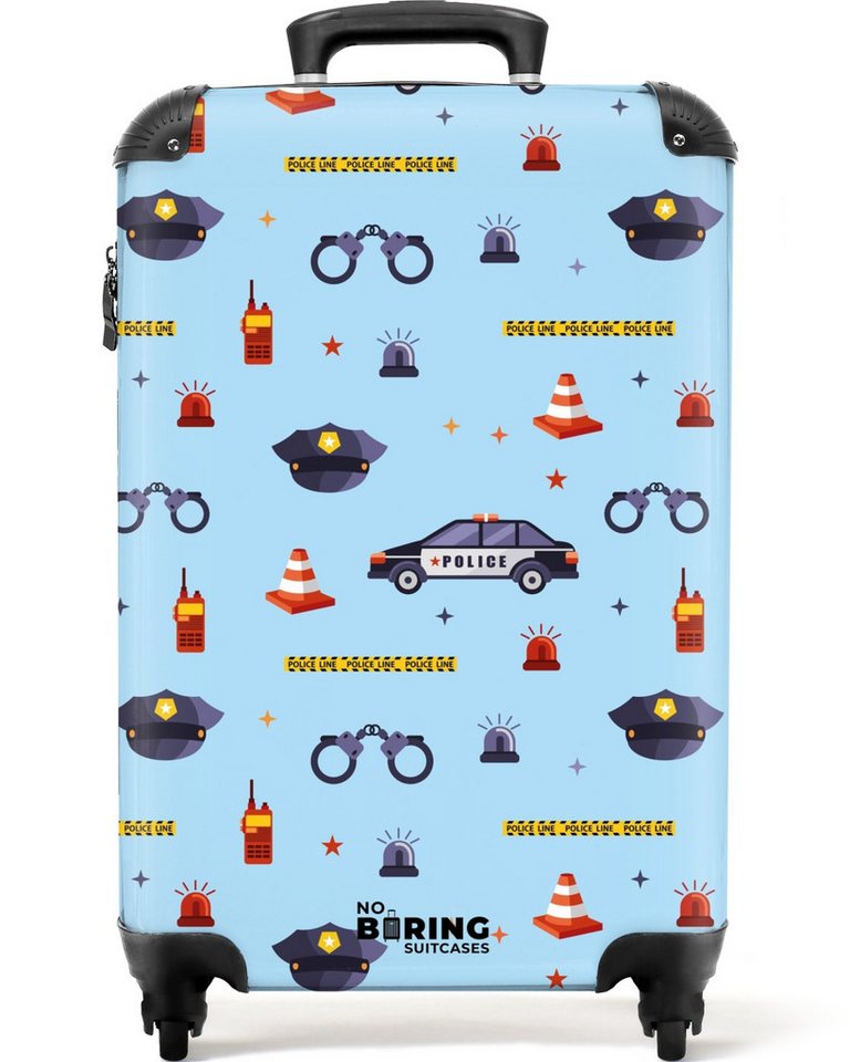 NoBoringSuitcases.com© Kinderkoffer Polizei- und Sicherheitsmuster auf hellblau 55x35x20cm, 4 Rollen, Kinder Koffer Klein, Trolley Handgepäck, Reisekoffer von NoBoringSuitcases.com©