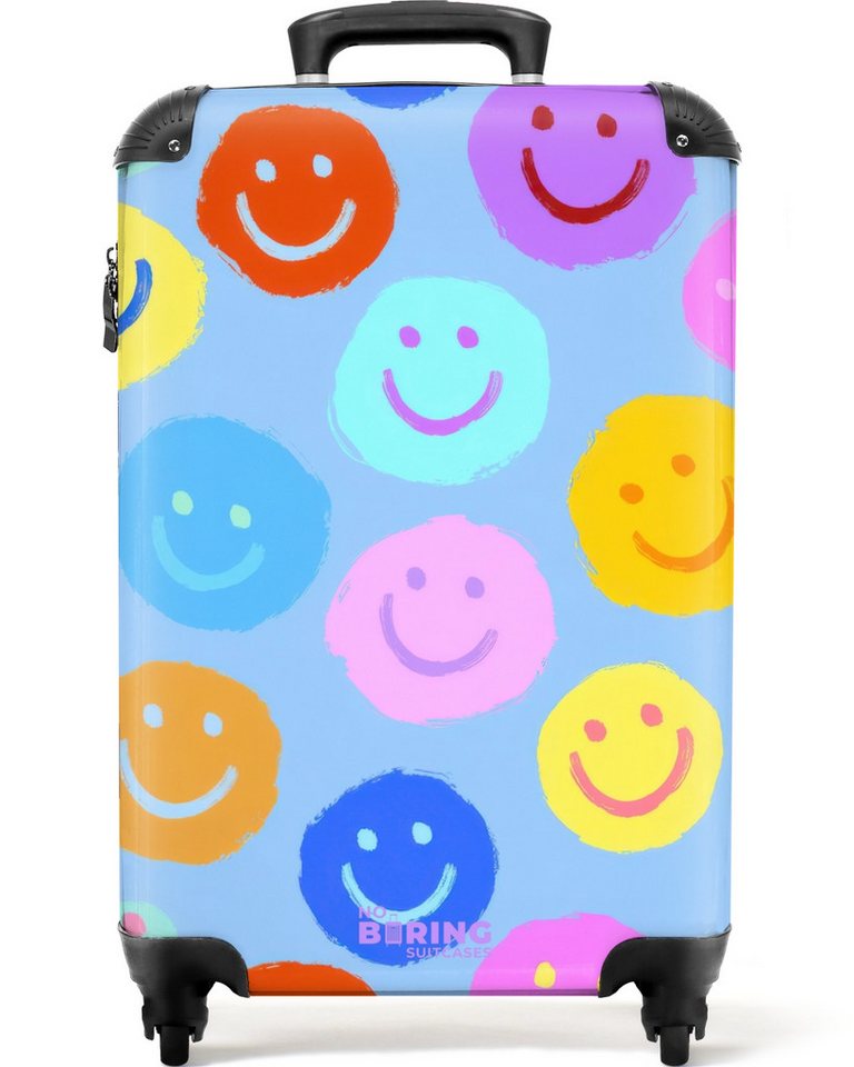 NoBoringSuitcases.com© Kinderkoffer Regenbogen-Smiley-Gesichter auf blauem Hintergrund 55x35x20cm, 4 Rollen, Kinder Koffer Klein, Trolley Handgepäck, Reisekoffer von NoBoringSuitcases.com©