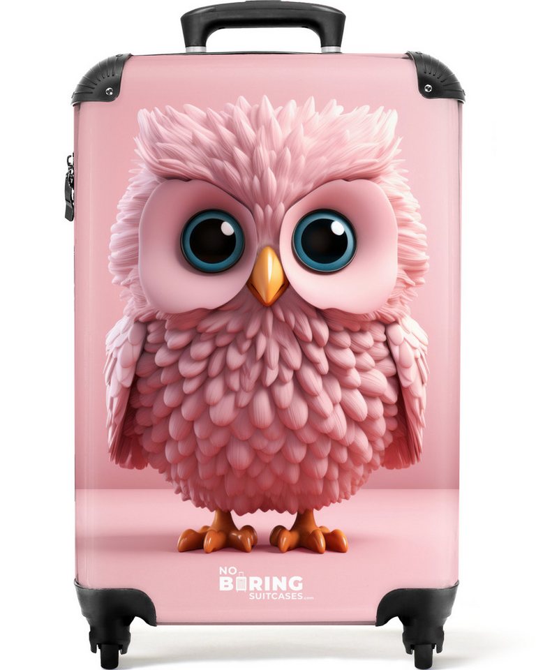 NoBoringSuitcases.com© Kinderkoffer Rosa Cartoon Eule für rosa Hintergrund 55x35x20cm, 4 Rollen, Handgepäck-Koffer, Kinderkoffer, Reisekoffer Mädchen von NoBoringSuitcases.com©