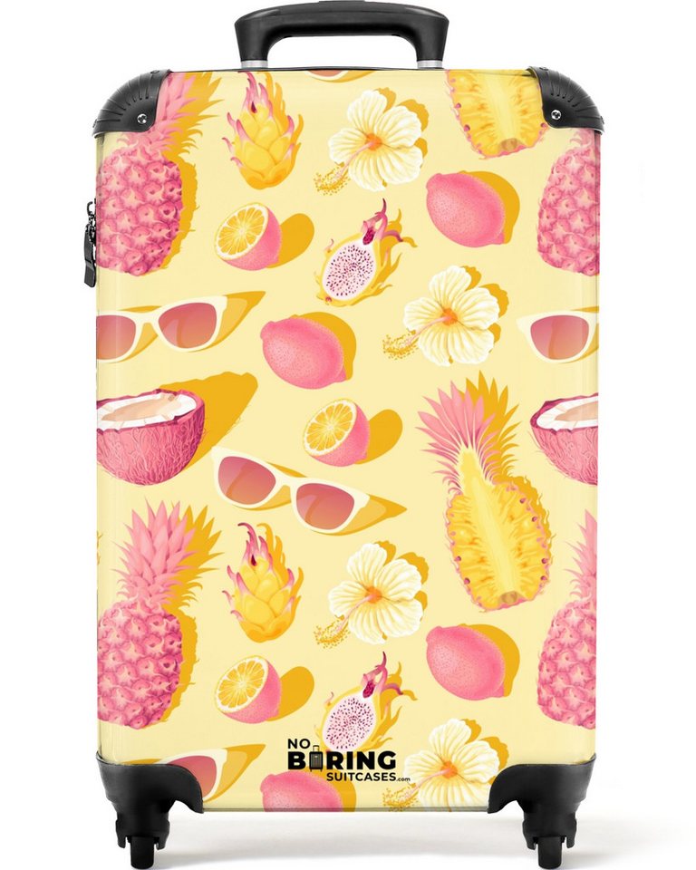 NoBoringSuitcases.com© Kinderkoffer Rosa und gelbes Muster aus Blumen und tropischen Früchten 55x35x20cm, 4 Rollen, Reisetasche mit Rollen, Koffer Handgepäck Flugzeug von NoBoringSuitcases.com©