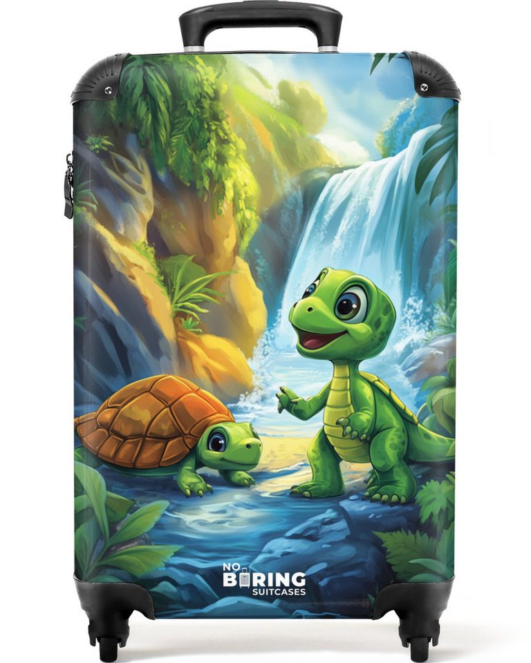 NoBoringSuitcases.com© Kinderkoffer Schildkröte und Dino am Wasserfall im tropischen Wald 55x35x20cm, 4 Rollen, Kinder Koffer Klein, Trolley Handgepäck, Reisekoffer von NoBoringSuitcases.com©