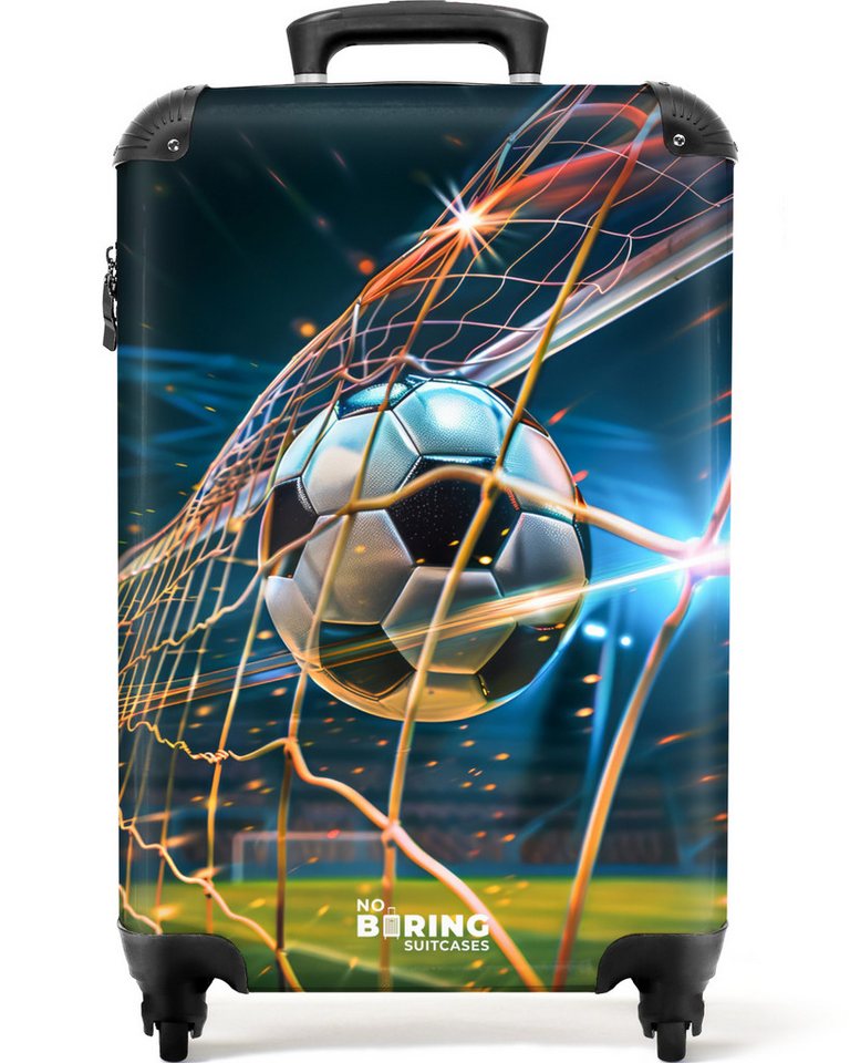 NoBoringSuitcases.com© Kinderkoffer Schwarzer und weißer Fußball trifft das Netz in einem Stadion 55x35x20, 4 Rollen, Kinder Koffer Klein, Trolley Handgepäck, Reisekoffer von NoBoringSuitcases.com©