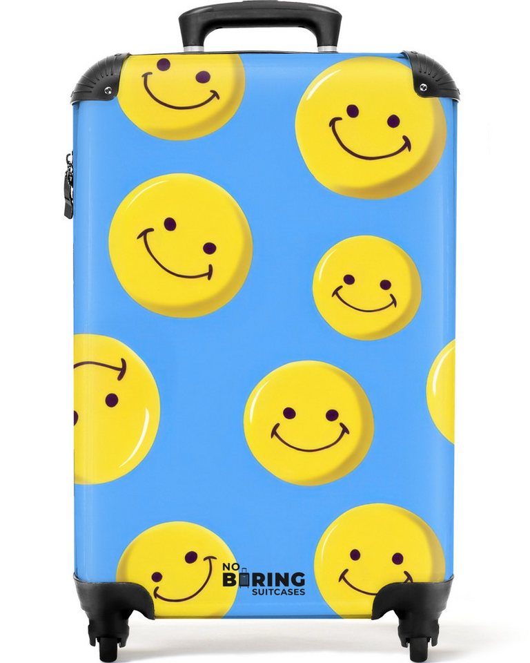 NoBoringSuitcases.com© Kinderkoffer Smiley-Gesichter auf blauem Hintergrund 55x35x20cm, 4 Rollen, Kinder Koffer Klein, Trolley Handgepäck, Reisekoffer von NoBoringSuitcases.com©