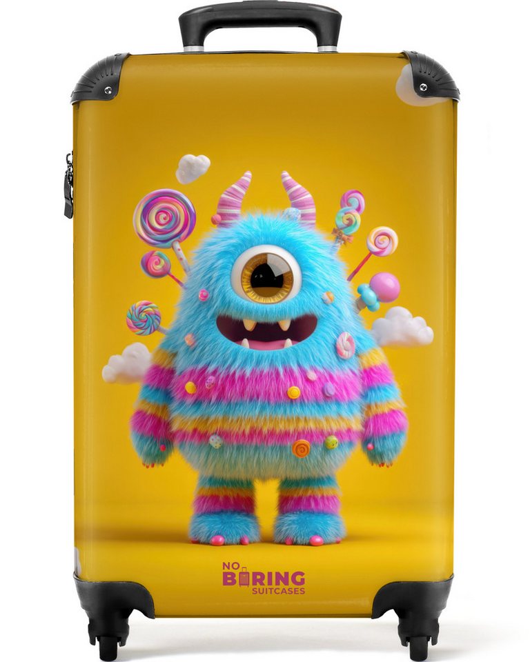 NoBoringSuitcases.com© Kinderkoffer Süßigkeitenmonster auf gelbem Hintergrund 55x35x20cm, 4 Rollen, Kinder Koffer Klein, Trolley Handgepäck, Reisekoffer von NoBoringSuitcases.com©