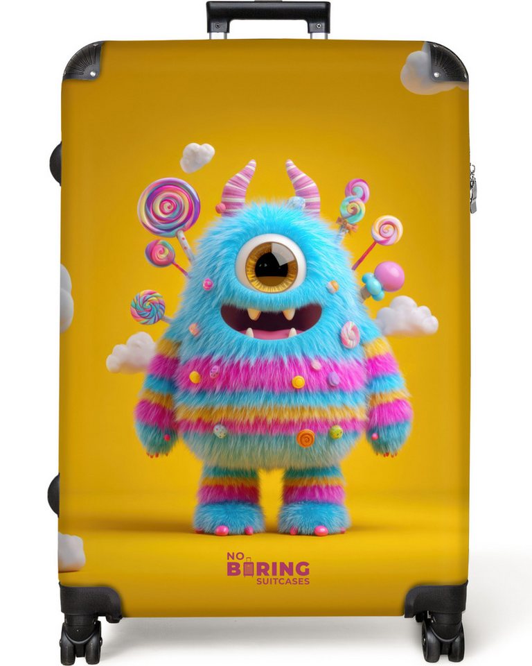 NoBoringSuitcases.com© Kinderkoffer Süßigkeitenmonster auf gelbem Hintergrund 77 cm - 98 L, 8 Rollen, Großer Reisetasche mit Rollen für 30kg, Kinderkoffer von NoBoringSuitcases.com©