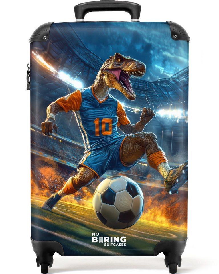 NoBoringSuitcases.com© Kinderkoffer T-Rex als Fußballer im vollen Stadion 55x35x20cm, 4 Rollen, Handgepäck Koffer, Hartschalenkoffer Kinder, Reisekoffer Jungen von NoBoringSuitcases.com©