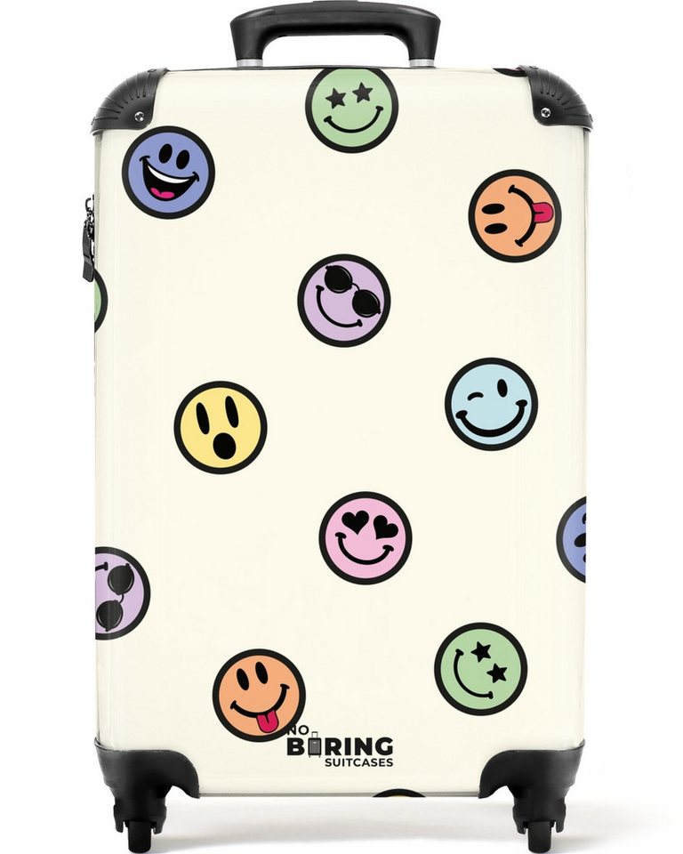 NoBoringSuitcases.com© Kinderkoffer Verschiedene Smileys auf einem beigen Hintergrund 55x35x20cm, 4 Rollen, Kinder Koffer Klein, Trolley Handgepäck, Reisekoffer von NoBoringSuitcases.com©