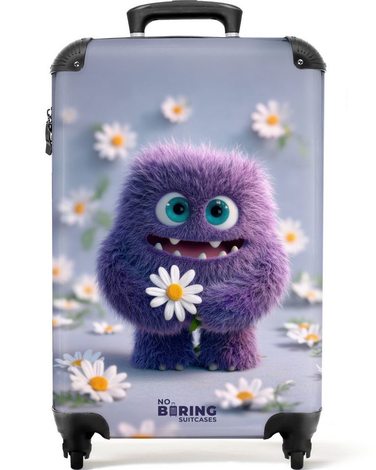 NoBoringSuitcases.com© Kinderkoffer lila Monster mit Gänseblümchen 55x35x20cm, 4 Rollen, Kinder Koffer Klein, Trolley Handgepäck, Reisekoffer von NoBoringSuitcases.com©