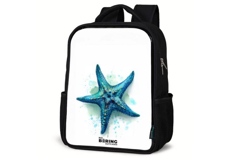 NoBoringSuitcases.com© Rucksack Blauer Seestern auf weißem Hintergrund, Kinderrucksack Schwarz, Schulrucksack, Freizeitrucksack Jungen Mädchen von NoBoringSuitcases.com©