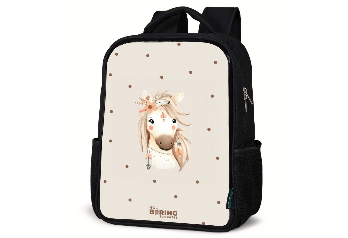 NoBoringSuitcases.com© Rucksack Böhmisches Pferd in Pastellfarben, Kinderrucksack Schwarz, Schulrucksack, Freizeitrucksack Jungen Mädchen von NoBoringSuitcases.com©