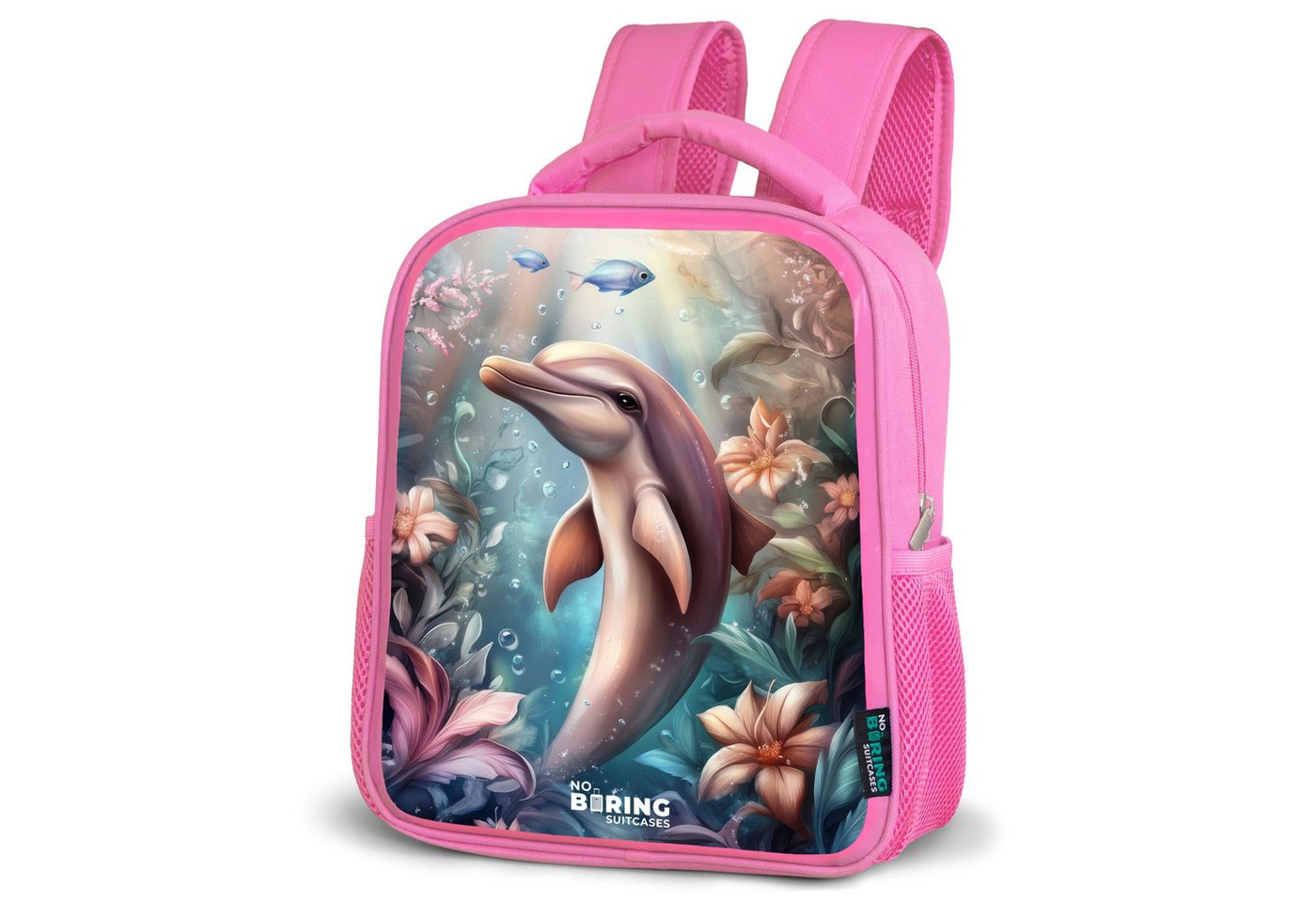 NoBoringSuitcases.com© Rucksack Delfin und Fisch in der Unterwasserblumenwelt, Kinderrucksack, Schulrucksack, Freizeitrucksack, Mädchen, Kindergarten von NoBoringSuitcases.com©