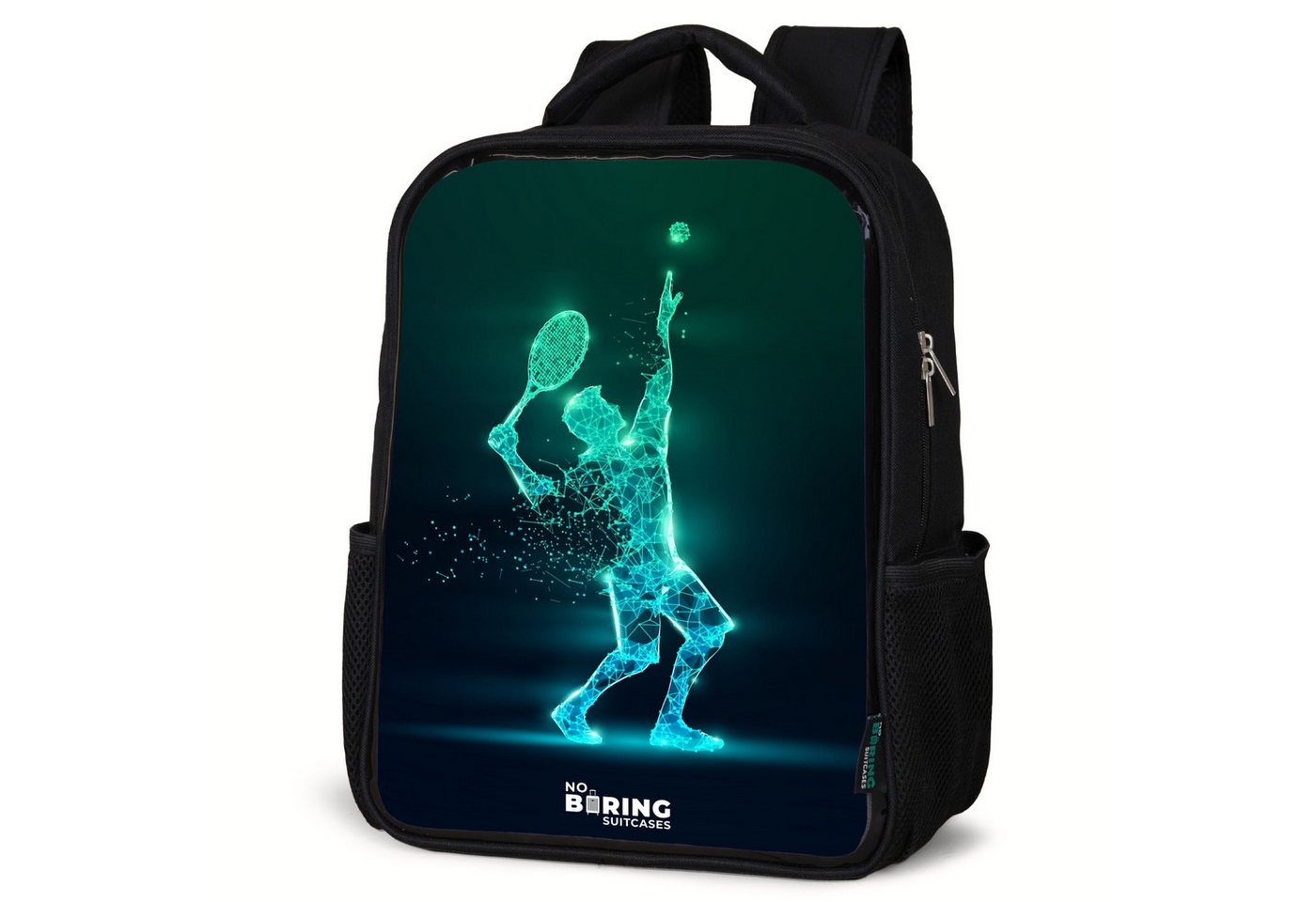 NoBoringSuitcases.com© Rucksack Digitaler Tennisspieler im futuristischen Stil, Kinderrucksack Schwarz, Schulrucksack, Freizeitrucksack Jungen Mädchen von NoBoringSuitcases.com©