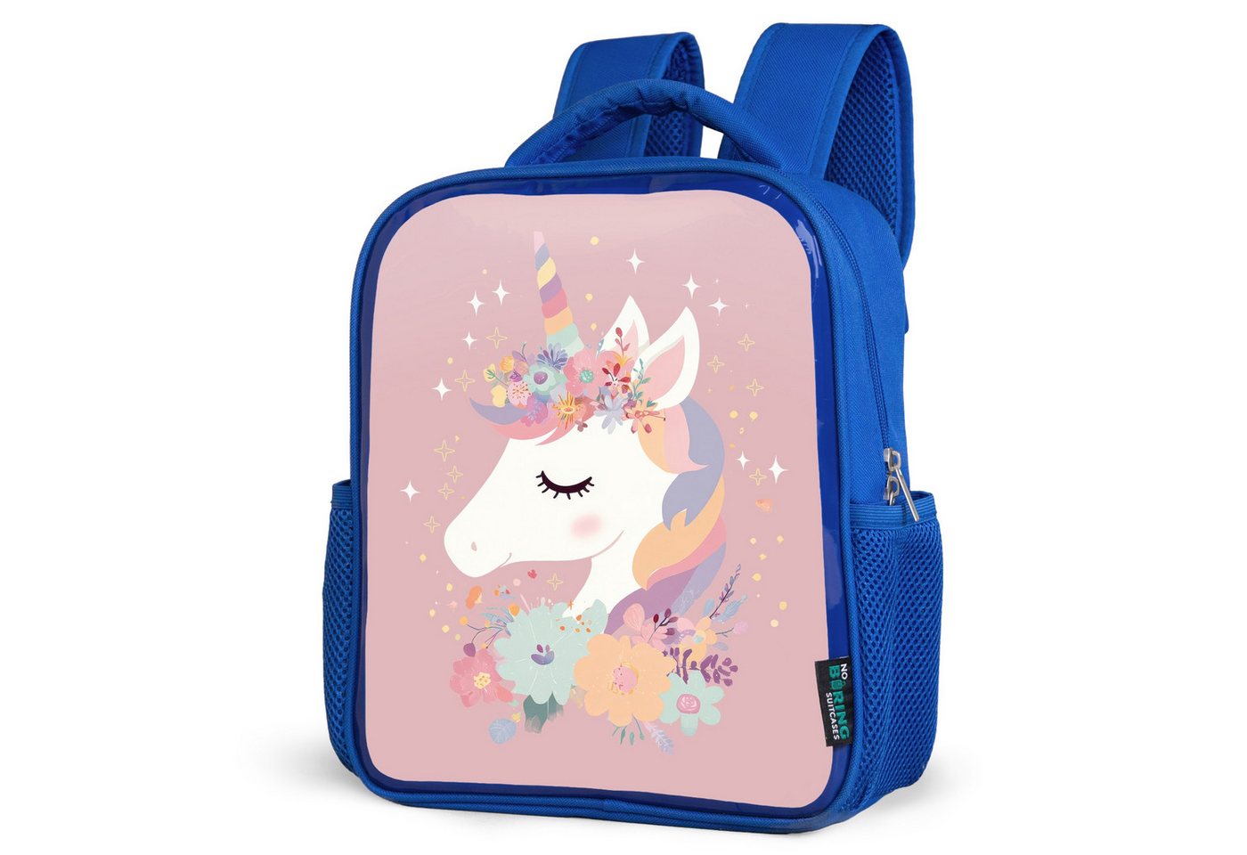 NoBoringSuitcases.com© Reisetasche Einhorn - Rosa - Blumen, Kinderrucksack, Schulrucksack, Freizeitrucksack, Jungen, Kindergarten von NoBoringSuitcases.com©