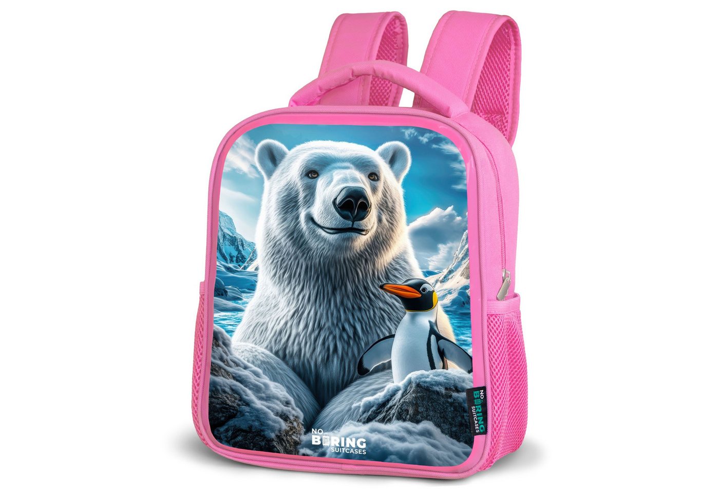 NoBoringSuitcases.com© Rucksack Eisbär und Pinguin in verschneiter Berglandschaft, Kinderrucksack, Schulrucksack, Freizeitrucksack, Mädchen, Kindergarten von NoBoringSuitcases.com©