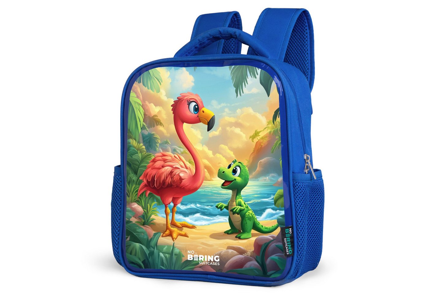 NoBoringSuitcases.com© Rucksack Flamingo und Dinosaurier am Strand bei Sonnenuntergang, Kinderrucksack, Schulrucksack, Freizeitrucksack, Jungen, Kindergarten von NoBoringSuitcases.com©