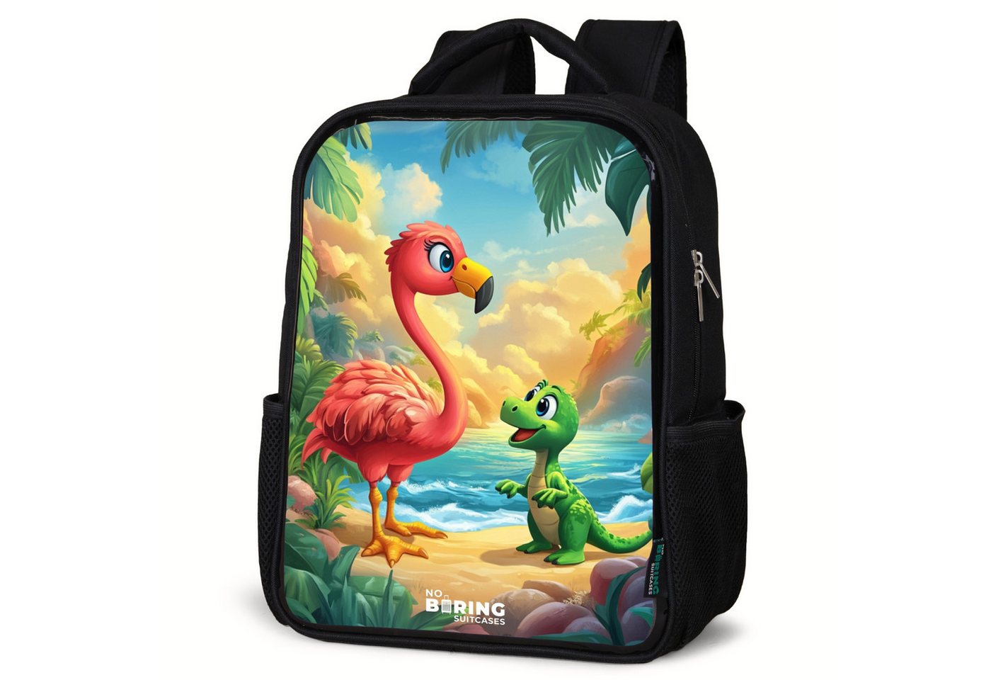 NoBoringSuitcases.com© Rucksack Flamingo und Dinosaurier am Strand bei Sonnenuntergang, Kinderrucksack Schwarz, Schulrucksack, Freizeitrucksack Jungen Mädchen von NoBoringSuitcases.com©