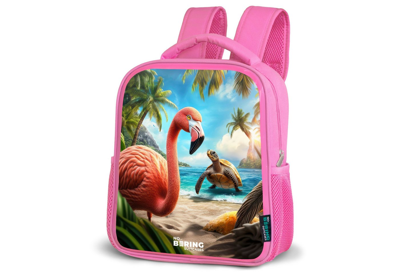 NoBoringSuitcases.com© Rucksack Flamingo und Schildkröte am tropischen Strand, Kinderrucksack, Schulrucksack, Freizeitrucksack, Mädchen, Kindergarten von NoBoringSuitcases.com©