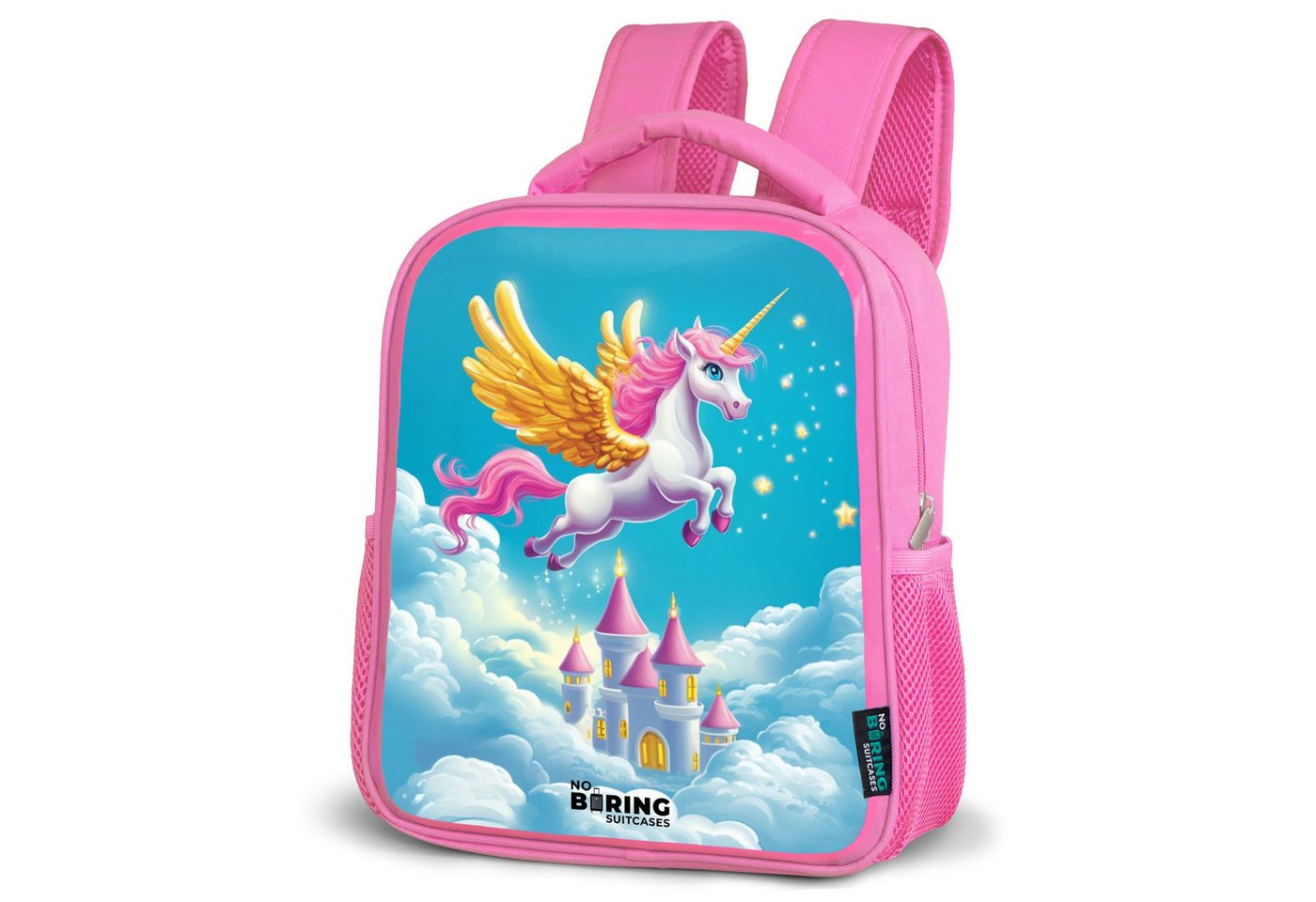 NoBoringSuitcases.com© Rucksack Fliegendes Einhorn mit goldenen Flügeln über dem Schloss, Kinderrucksack, Schulrucksack, Freizeitrucksack, Mädchen, Kindergarten von NoBoringSuitcases.com©