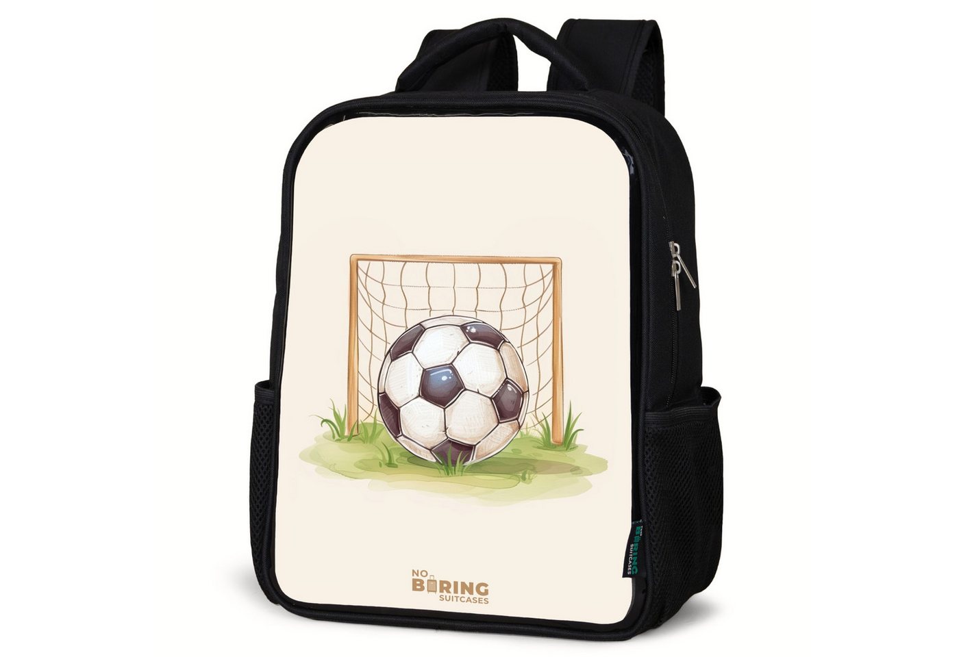 NoBoringSuitcases.com© Rucksack Fußball im Tor, Kinderrucksack Schwarz, Schulrucksack, Freizeitrucksack Jungen Mädchen von NoBoringSuitcases.com©