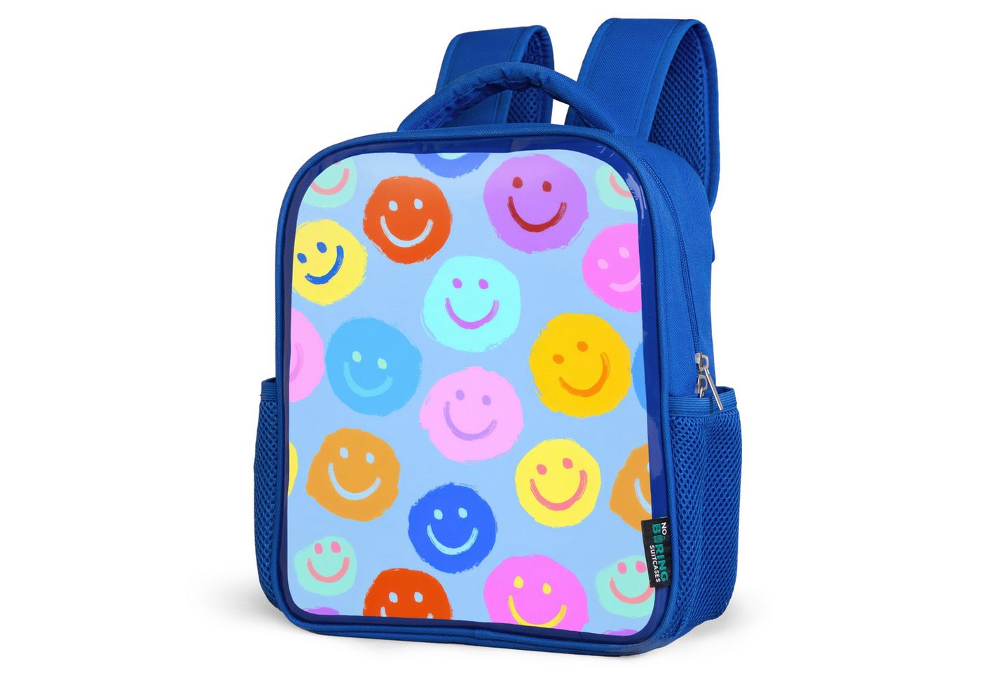 NoBoringSuitcases.com© Reisetasche Gemalte Smileycollage auf Hellblau, Kinderrucksack, Schulrucksack, Freizeitrucksack, Jungen, Kindergarten von NoBoringSuitcases.com©