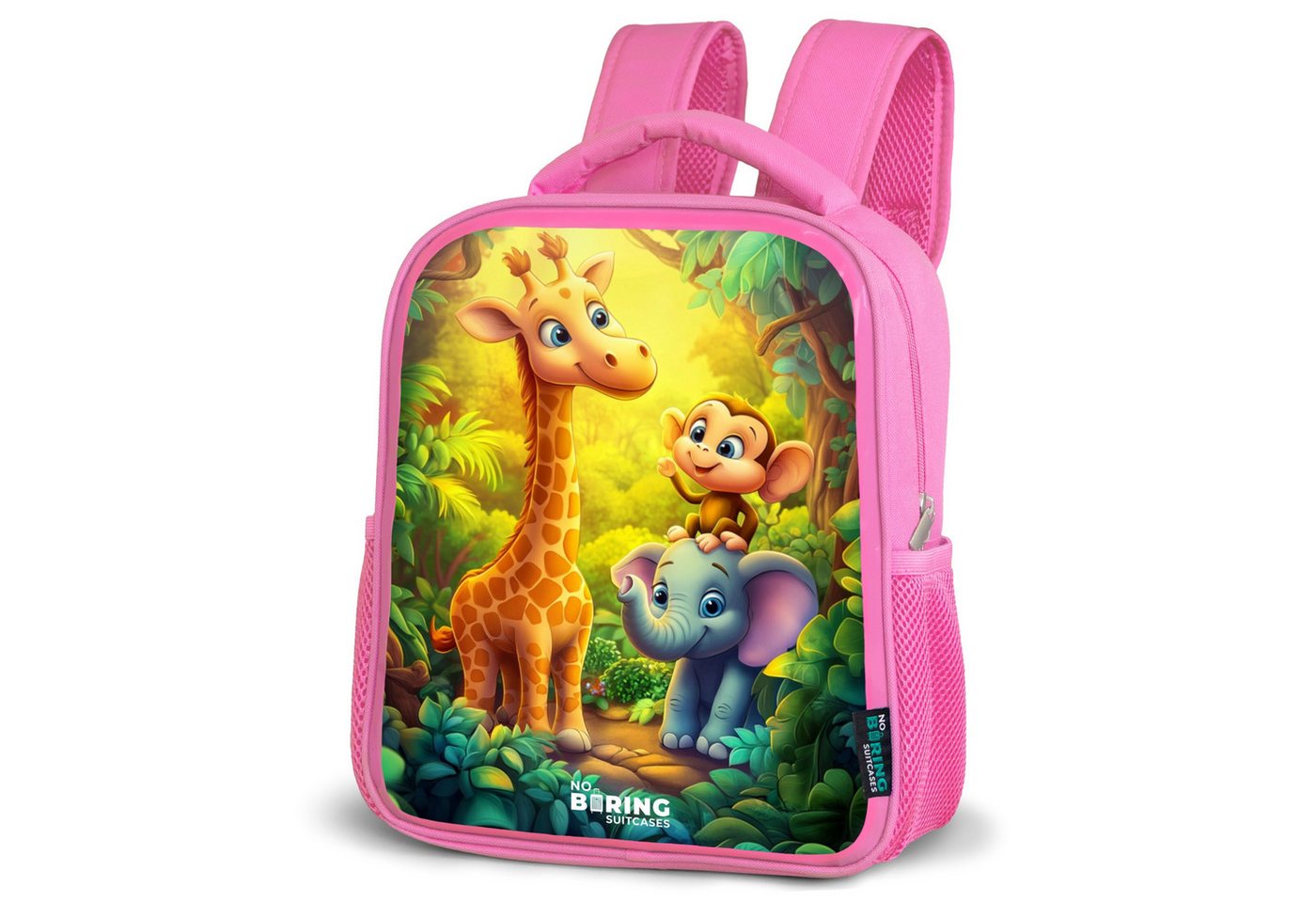 NoBoringSuitcases.com© Rucksack Giraffe, Elefant und Affe im Wald, Kinderrucksack, Schulrucksack, Freizeitrucksack, Mädchen, Kindergarten von NoBoringSuitcases.com©