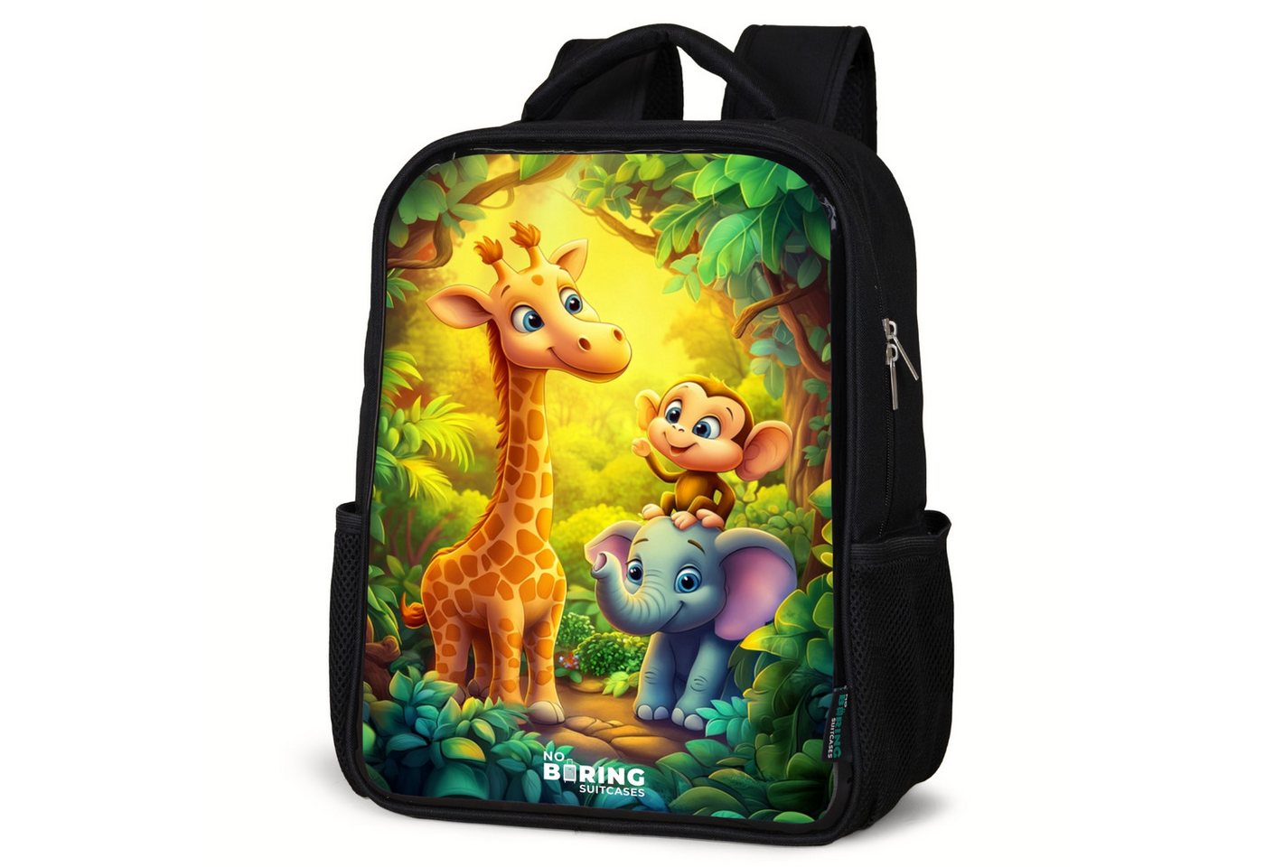 NoBoringSuitcases.com© Rucksack Giraffe, Elefant und Affe im Wald, Kinderrucksack Schwarz, Schulrucksack, Freizeitrucksack Jungen Mädchen von NoBoringSuitcases.com©