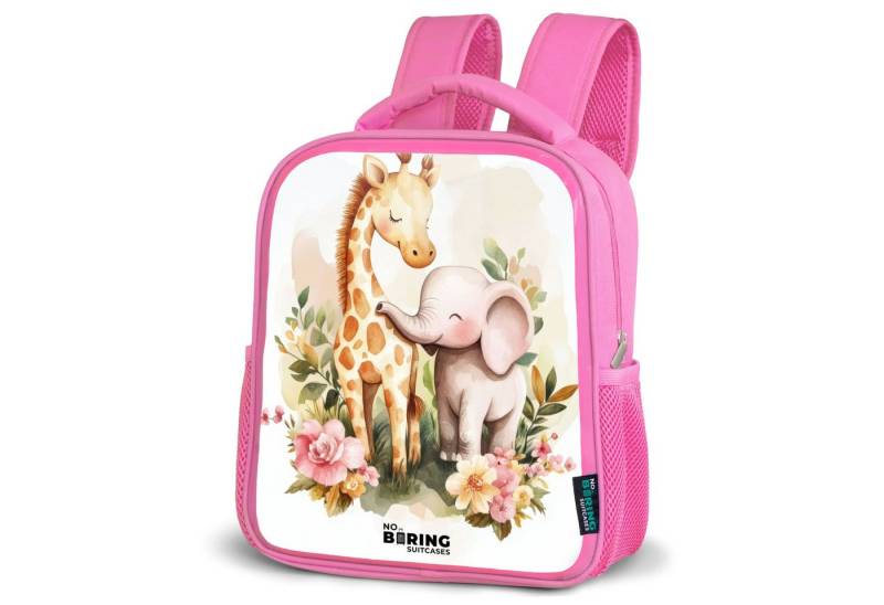 NoBoringSuitcases.com© Rucksack Giraffe und Elefant zwischen Blumen auf weißem Hintergrund, Kinderrucksack, Schulrucksack, Freizeitrucksack, Mädchen, Kindergarten von NoBoringSuitcases.com©