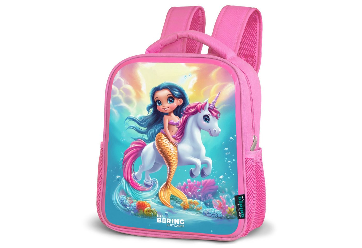 NoBoringSuitcases.com© Rucksack Goldschwänzige Meerjungfrau mit weißem Einhorn, Kinderrucksack, Schulrucksack, Freizeitrucksack, Mädchen, Kindergarten von NoBoringSuitcases.com©