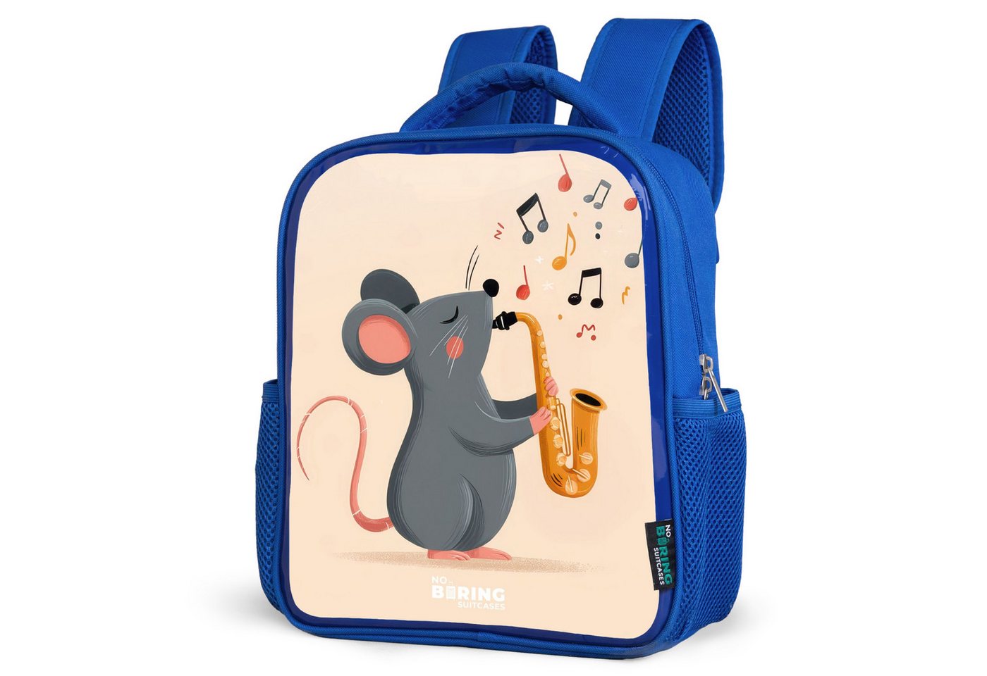 NoBoringSuitcases.com© Rucksack Graue Maus mit Saxophon, Kinderrucksack, Schulrucksack, Freizeitrucksack, Jungen, Kindergarten von NoBoringSuitcases.com©