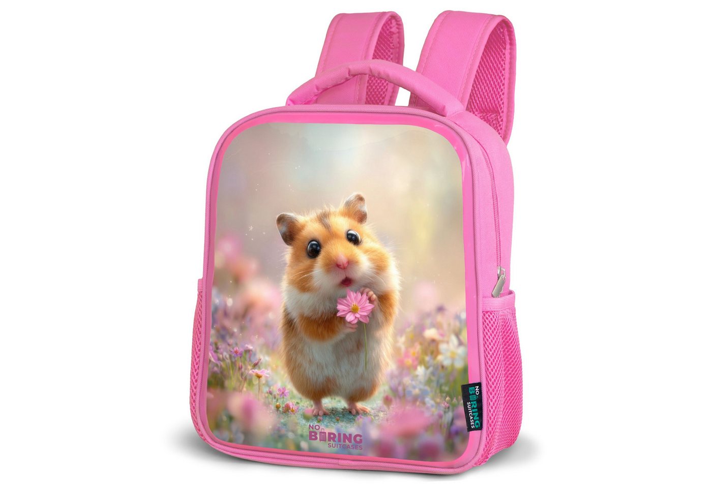 NoBoringSuitcases.com© Rucksack Hamster mit Blume, Kinderrucksack, Schulrucksack, Freizeitrucksack, Mädchen, Kindergarten von NoBoringSuitcases.com©