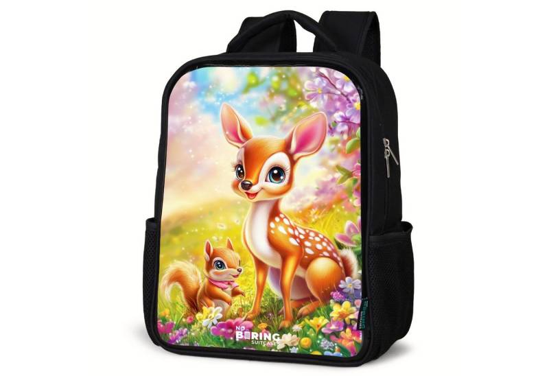NoBoringSuitcases.com© Rucksack Hirsch und Eichhörnchen in einem bunten Blumenfeld, Kinderrucksack Schwarz, Schulrucksack, Freizeitrucksack Jungen Mädchen von NoBoringSuitcases.com©