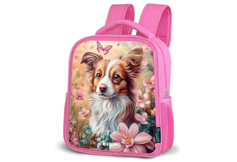 NoBoringSuitcases.com© Rucksack Hund im Blumenfeld mit Schmetterlingen, Kinderrucksack, Schulrucksack, Freizeitrucksack, Mädchen, Kindergarten von NoBoringSuitcases.com©