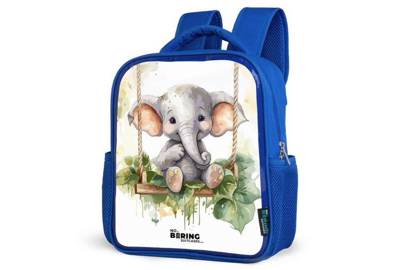 NoBoringSuitcases.com© Rucksack Junger Elefant auf einer Schaukel Aquarellzeichnung, Kinderrucksack, Schulrucksack, Freizeitrucksack, Jungen, Kindergarten von NoBoringSuitcases.com©