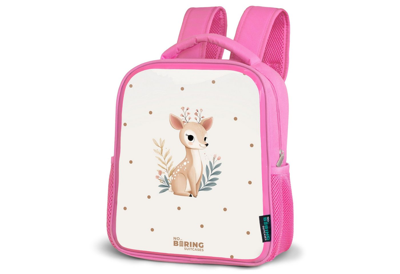 NoBoringSuitcases.com© Rucksack Kleine Rehe mit Pflanzen in einem Feld voller Punkte, Kinderrucksack, Schulrucksack, Freizeitrucksack, Mädchen, Kindergarten von NoBoringSuitcases.com©