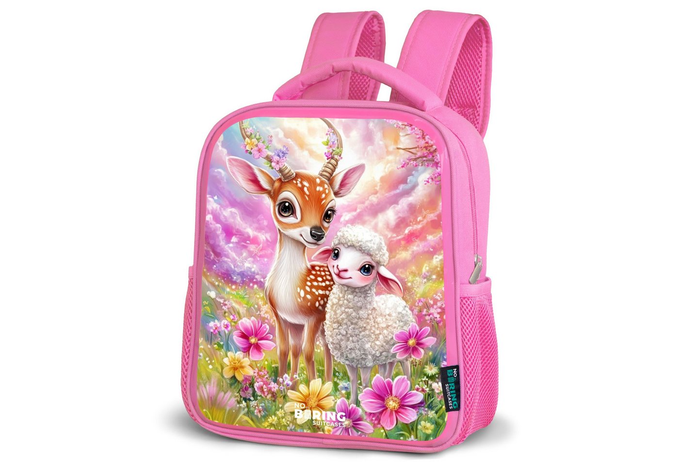 NoBoringSuitcases.com© Rucksack Kleines Reh mit einem Lamm in einem pastellfarbenen Blumenfeld, Kinderrucksack, Schulrucksack, Freizeitrucksack, Mädchen, Kindergarten von NoBoringSuitcases.com©