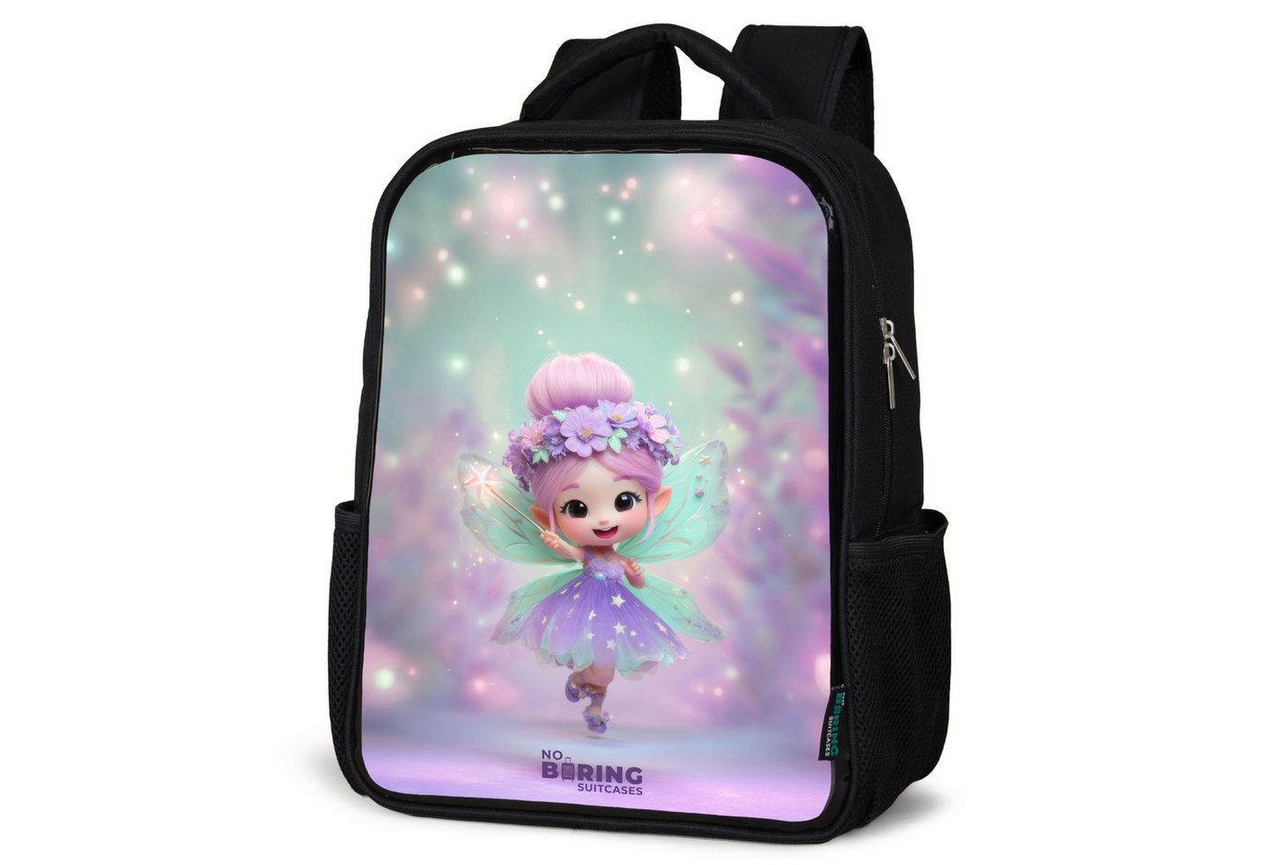 NoBoringSuitcases.com© Rucksack Lächelnde Blumenfee, Kinderrucksack Schwarz, Schulrucksack, Freizeitrucksack Jungen Mädchen von NoBoringSuitcases.com©