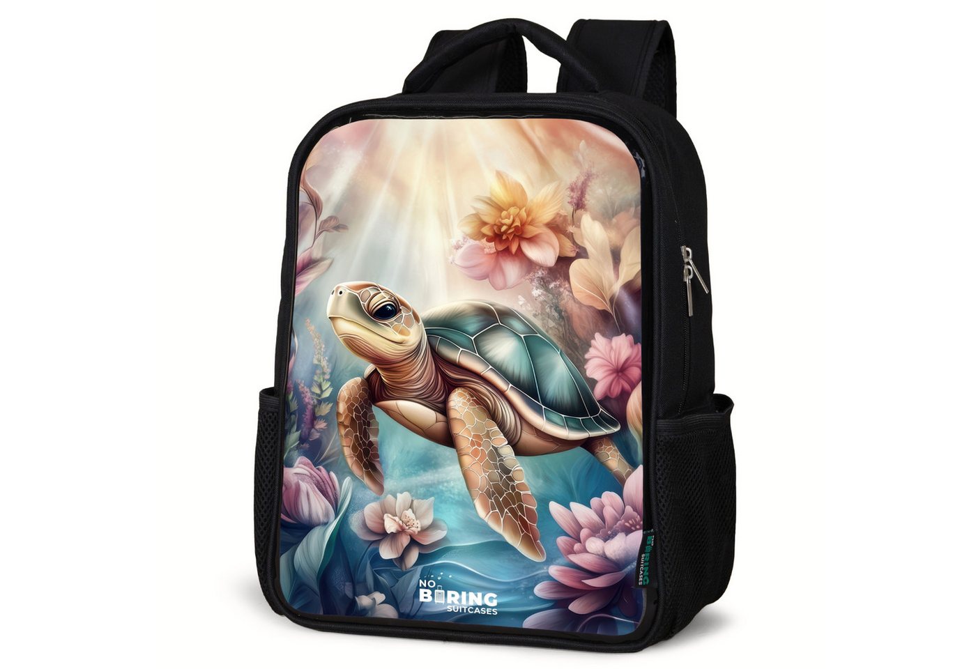 NoBoringSuitcases.com© Rucksack Meeresschildkröte zwischen Unterwasserblumen, Kinderrucksack Schwarz, Schulrucksack, Freizeitrucksack Jungen Mädchen von NoBoringSuitcases.com©