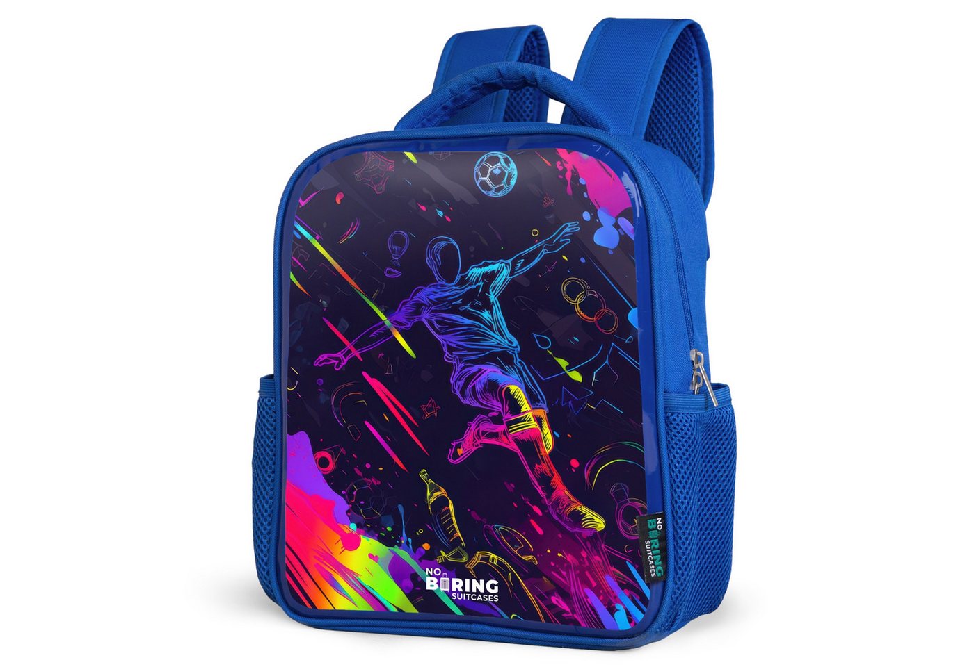 NoBoringSuitcases.com© Rucksack Neon-Fußballspieler mit Action, Kinderrucksack, Schulrucksack, Freizeitrucksack, Jungen, Kindergarten von NoBoringSuitcases.com©