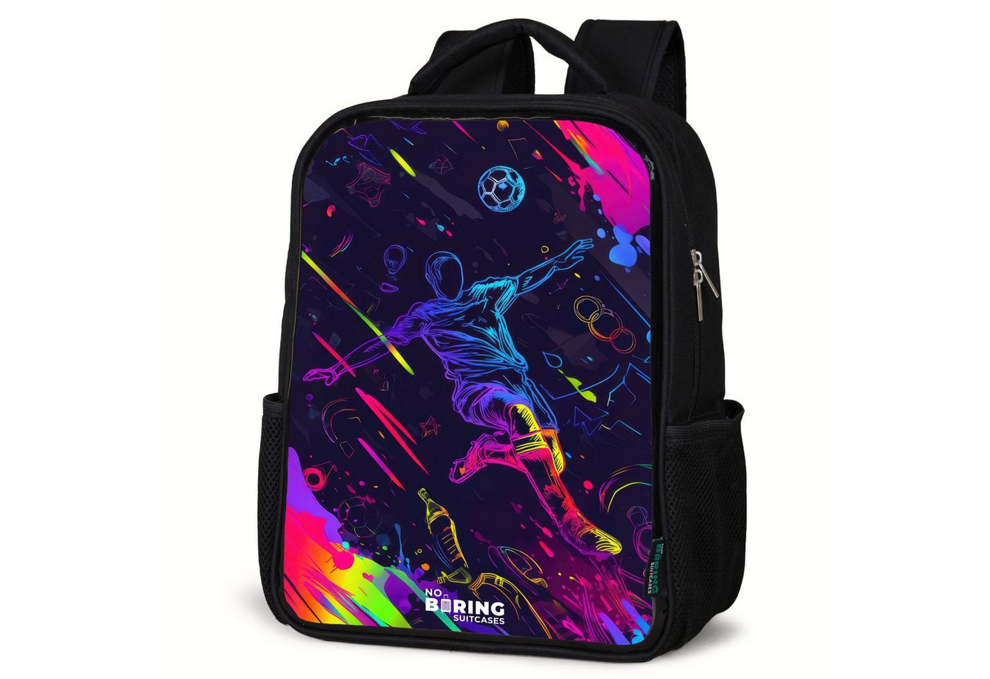 NoBoringSuitcases.com© Rucksack Neon-Fußballspieler mit Action, Kinderrucksack Schwarz, Schulrucksack, Freizeitrucksack Jungen Mädchen von NoBoringSuitcases.com©